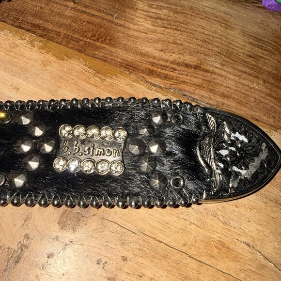 BB Simon Crystal Beaded Studded Western Black Leather Belt Sz L 32-38” Pony Hair main image 8